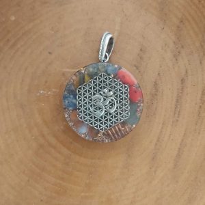 Om ve yaşam çiçeği orgonit kolye ganslı ve 7 çakra taşlı düz gümüş